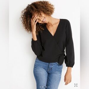 Madewell Texture & Thread Crepe Wrap Top Black Size Medium Long‎ Sleeve